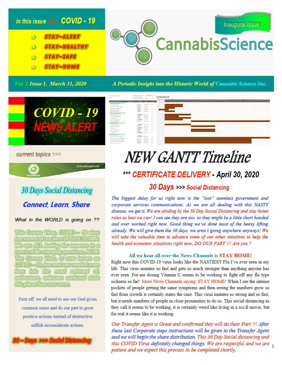 Cannabis Science Newsletter Vol. 1, March 31st 2020
