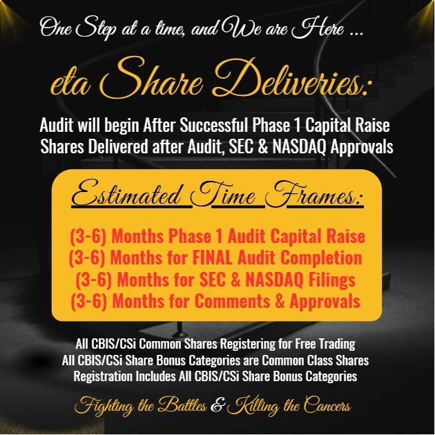 Thanks for following up Guys! Two things to Remember.<br /><br />*** One, this is our in-house audit confirmation records for our Financials. We will sign-off on our in-house records, complete our Financials, and send to the Financials to the Auditors. <br /><br />*** Two, our “CSi-VIP Shareholder Legacy Reports” that we send out to our CSi-VIPs include ALL your holdings in the Company line by line. However, for those not becoming a CSi-VIP this requires much more time to complete. <br /><br />We are trusting your initial information to be accurate, CBIS GIFT Shares recipients will have their shareholding records matched and sent in for your CBIS-Gift Shares, and then they will be confirmed, and matched through the Audit process as well, so we are good.<br /><br />When the Auditors begin their Audit of our Financials they will confirm random information from our shareholders, brokers, and the transfer agent. I doubt the Auditors will call or email everyone, due to the large numbers, but they will do their random checks.  <br /><br />So yes, please do email your information to audit@cannabisscience.com so all the records are in one spot for the Financials. <br /><br />If you do nothing we will just go with the records we have on file. So, for your peace of mind please send another email to confirm, if it bothers you too much, don't do it. We are confirming everything in -house three times or more from each time we asked you to send it in. It seems we get more shareholders showing up each time we ask, which is great.<br /><br />So Again, no one needs to purchase anything extra "if you do not want" all the Original CBIS Shares as well as ALL the “CSi-VIP Bonus Shares”, “CSi-Award Shares” and “CBIS-GIFT Shares” will be included in the Financials and Registration Statement to become free trading with the new trading symbol. <br /><br />They are ALL Common Class Shares the same as the Original CBIS Shares so the final list will be derived from all the past shareholder records on file with the brokerage firms, the transfer agent, and Company in-house records combined.<br /><br />While we are confirming we have allowed shareholders to acquire their CSi-VIP Status, their GIFT-Shares, and CSi-VIP Bonus Shares to increase their shareholder holdings, smart move Guys! and Congrats! <br /><br />We have been quite busy working in an order of Priority, so we are behind with the CSi-VIP Legacy Shareholder Reports, but they are certainly ALL on the books of the Company and being done in-between phone calls and progress, so ALL our CSi-VIP, CSi-Award, and CBIS GIFT Shares are on Record, so you are good.<br /><br />Hopefully this helps, I think it will help based on the questions I get in the appointments, this information will most likely be included in the next UPDATE Email we send out as well, so you are reading it beforehand as we try to stay ahead of the curve.<br /><br />All the Best Guys! and Congrats! Once again to ALL our Shareholders as we navigate through the final steps to get our shares trading again! <br /><br />May God Bless us all.<br />Talk soon.<br />Raymond - IGWT